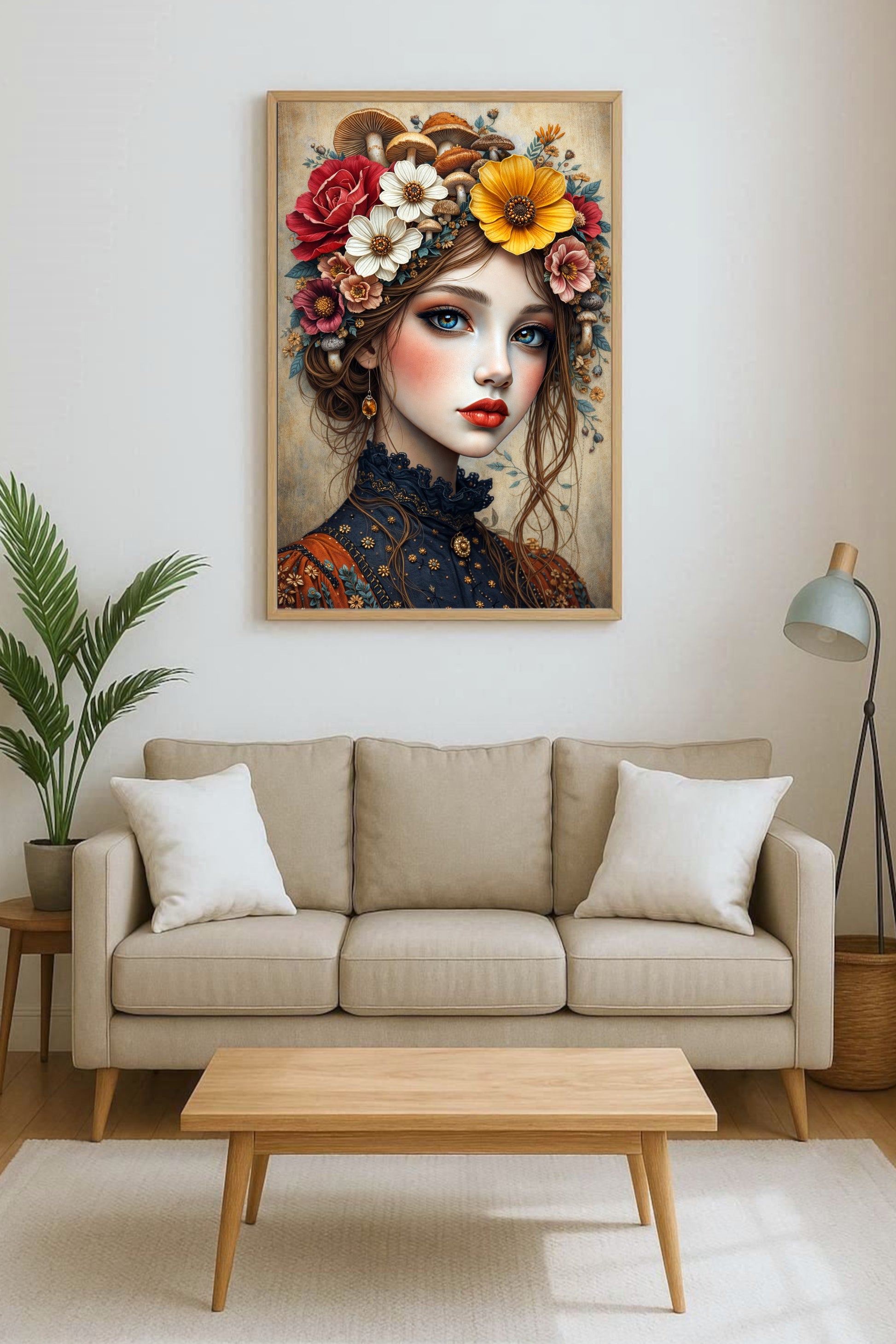 Märchenhaftes Frauenporträt mit Blumen und Pilzen, große blaue Augen, florale Illustration in warmen Naturfarben