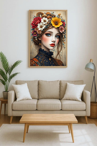 Märchenhaftes Frauenporträt mit Blumen und Pilzen, große blaue Augen, florale Illustration in warmen Naturfarben