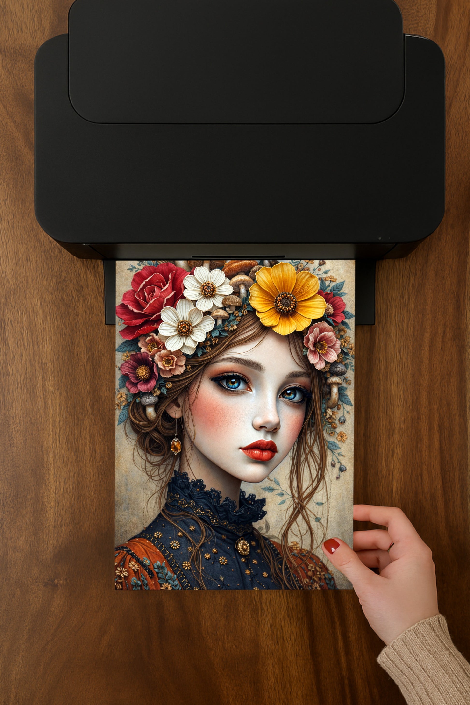 Märchenhaftes Frauenporträt mit Blumen und Pilzen, große blaue Augen, florale Illustration in warmen Naturfarben