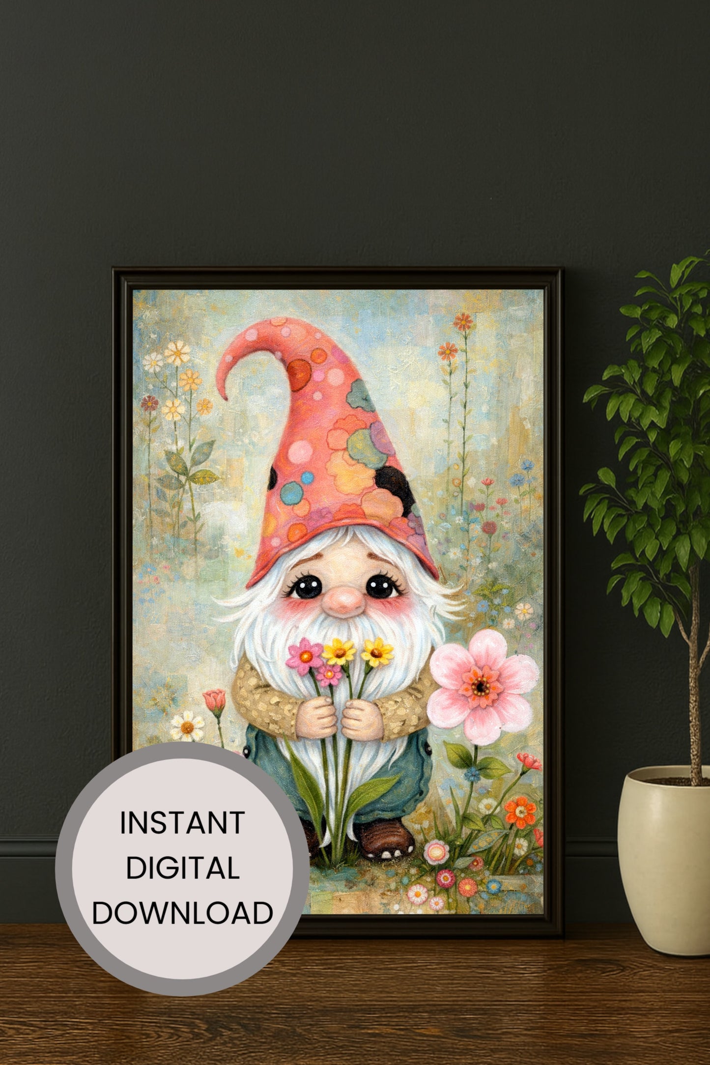 Verspielte Illustration eines freundlichen Gartenwichtels mit weißem Bart und Blumen, umgeben von einer sanften Blumenwiese im märchenhaften Cottagecore-Stil.