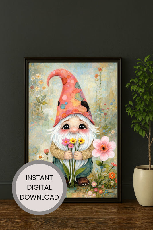 Verspielte Illustration eines freundlichen Gartenwichtels mit weißem Bart und Blumen, umgeben von einer sanften Blumenwiese im märchenhaften Cottagecore-Stil.