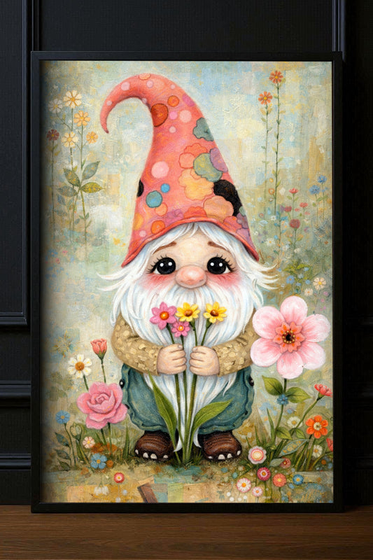 Liebevoll illustrierter Wichtel mit Blumenstrauß in sanften Farben, märchenhafte Gartenszene, detailreiches Kunstposter auf Premium Matt Papier