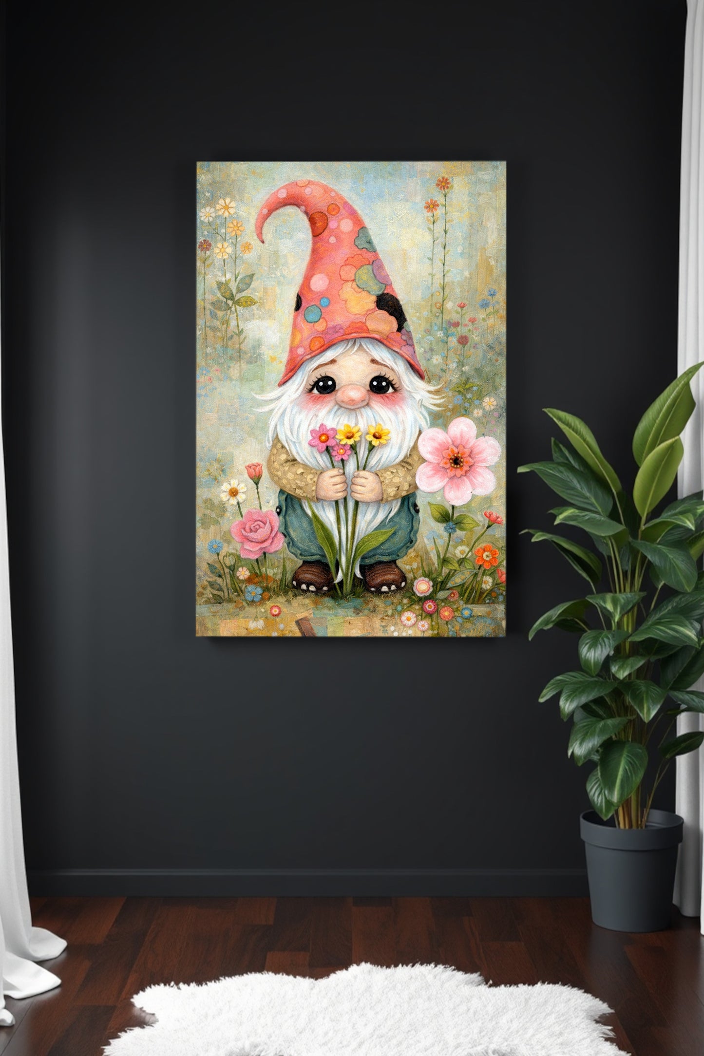 Verspielte Illustration eines freundlichen Gartenwichtels mit weißem Bart und Blumen, umgeben von einer sanften Blumenwiese im märchenhaften Cottagecore-Stil.