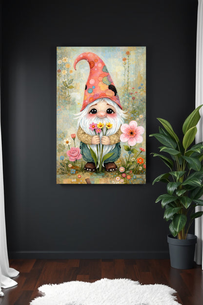 Verspielte Illustration eines freundlichen Gartenwichtels mit weißem Bart und Blumen, umgeben von einer sanften Blumenwiese im märchenhaften Cottagecore-Stil.