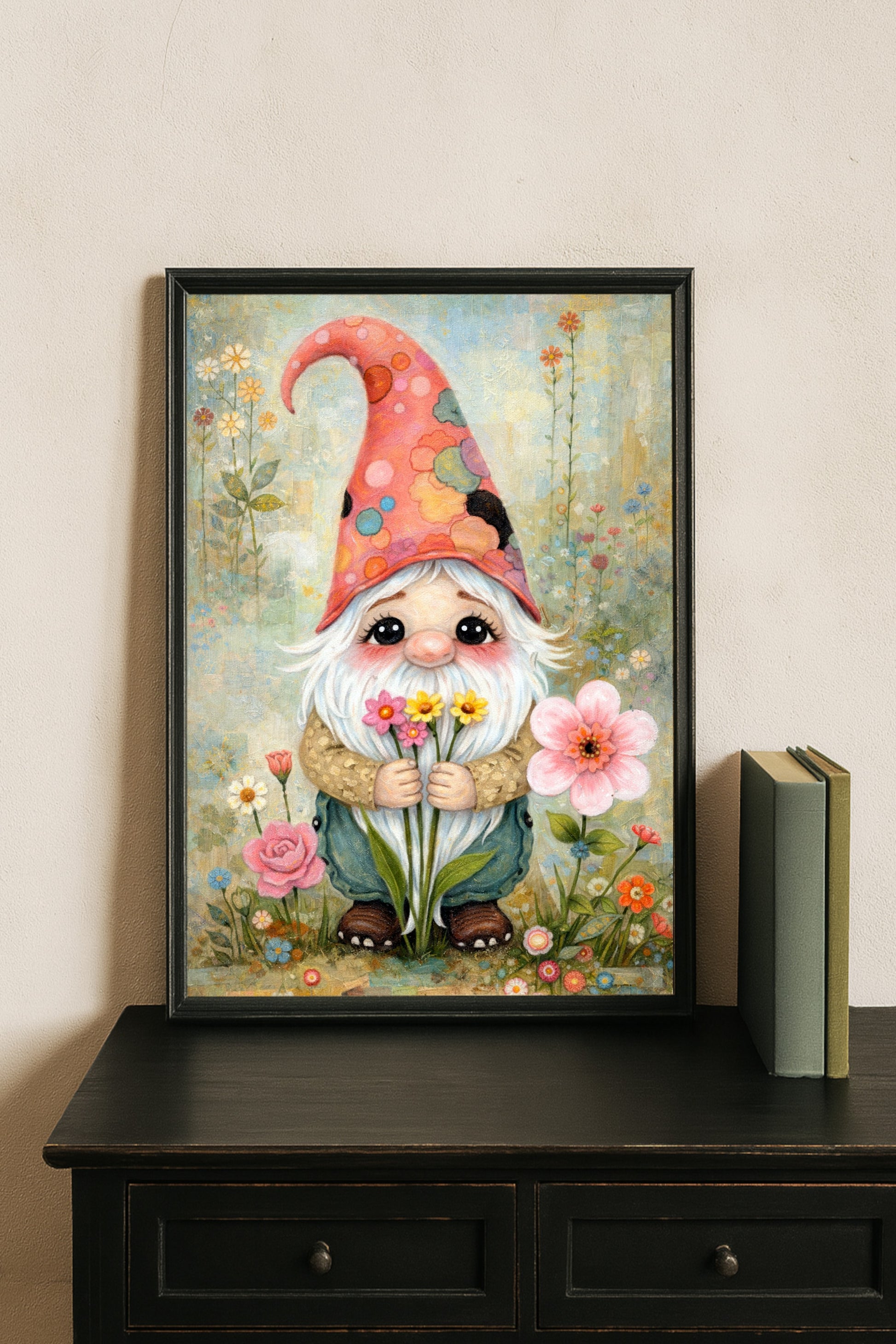 Liebevoll illustrierter Wichtel mit Blumenstrauß in sanften Farben, märchenhafte Gartenszene, detailreiches Kunstposter auf Premium Matt Papier