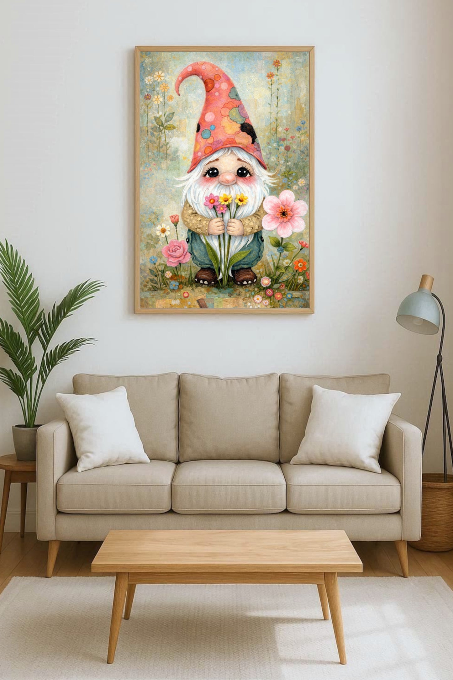 Verspielte Illustration eines freundlichen Gartenwichtels mit weißem Bart und Blumen, umgeben von einer sanften Blumenwiese im märchenhaften Cottagecore-Stil.