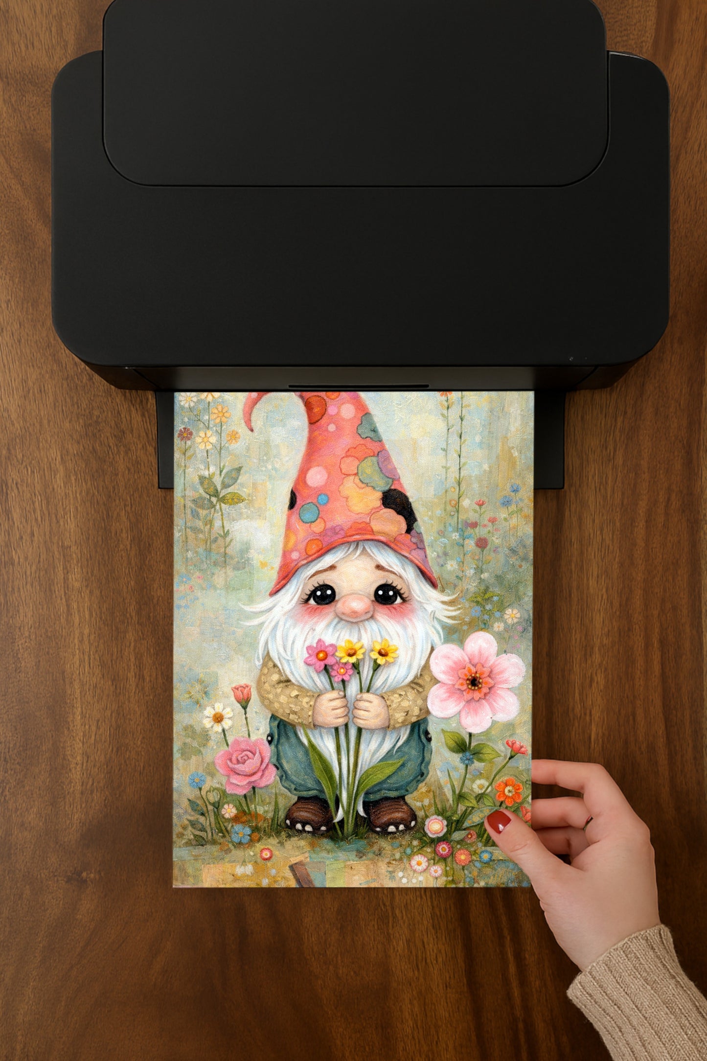 Verspielte Illustration eines freundlichen Gartenwichtels mit weißem Bart und Blumen, umgeben von einer sanften Blumenwiese im märchenhaften Cottagecore-Stil.