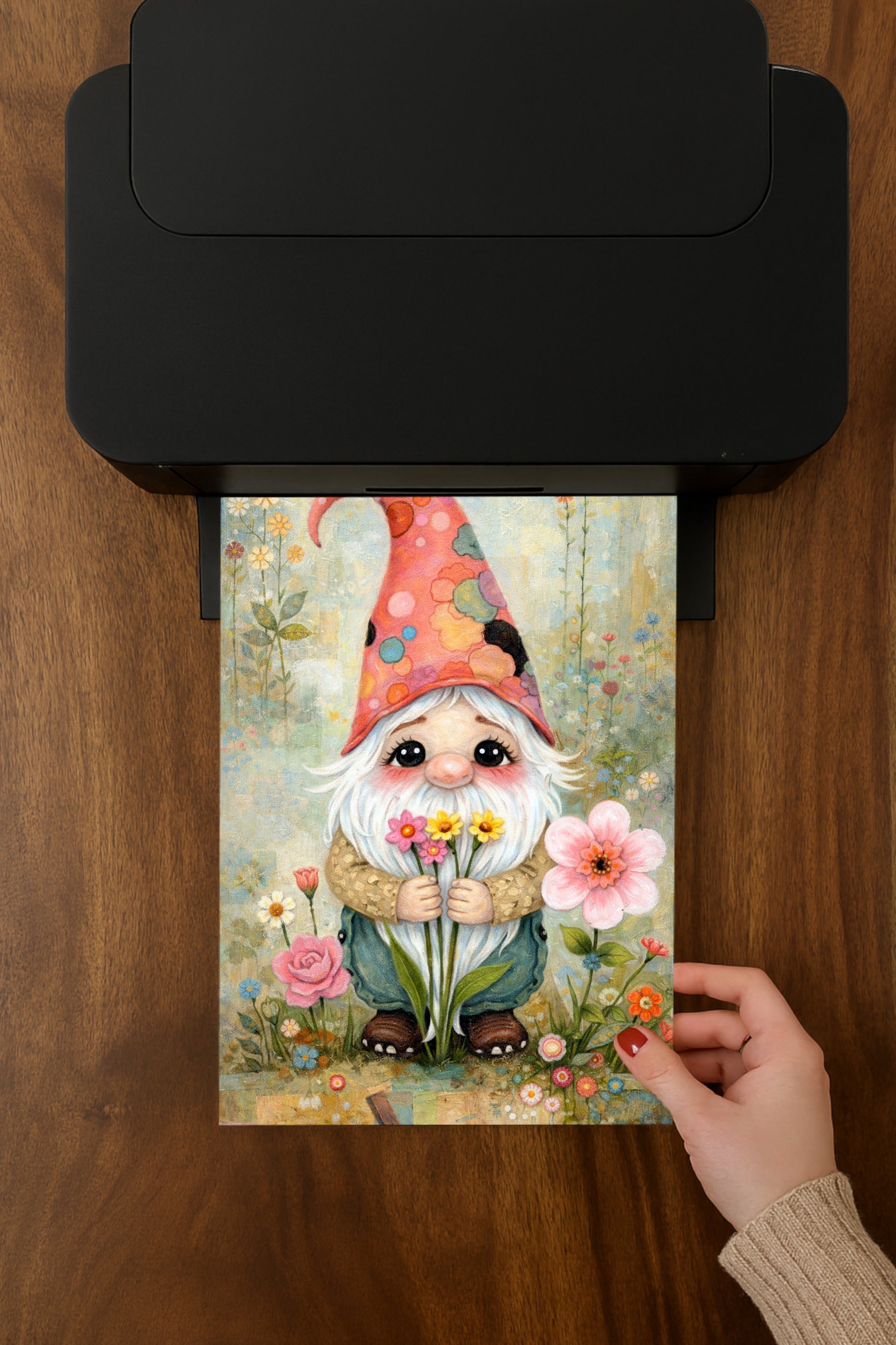 Verspielte Illustration eines freundlichen Gartenwichtels mit weißem Bart und Blumen, umgeben von einer sanften Blumenwiese im märchenhaften Cottagecore-Stil.