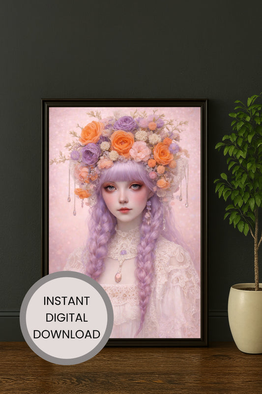 Romantisches Fantasy-Porträt einer jungen Frau mit geflochtenem, lila Haar und üppigem Blumenkranz in sanften Pastellfarben, ruhig, verträumt und märchenhaft.