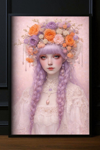 Gedrucktes Premium-Poster mit Frauenporträt, lilafarbenen Zöpfen und Blumenkranz in sanften Pastelltönen, poetische Fantasy-Illustration mit ruhiger Ausstrahlung.