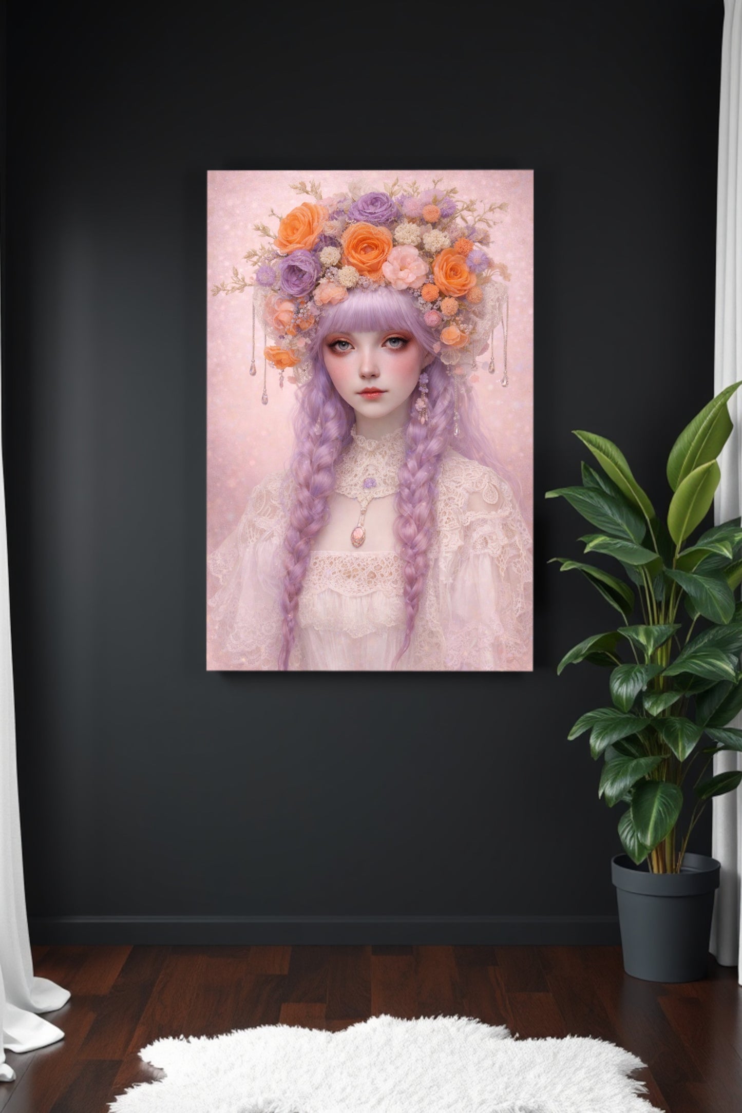 Romantisches Fantasy-Porträt einer jungen Frau mit geflochtenem, lila Haar und üppigem Blumenkranz in sanften Pastellfarben, ruhig, verträumt und märchenhaft.