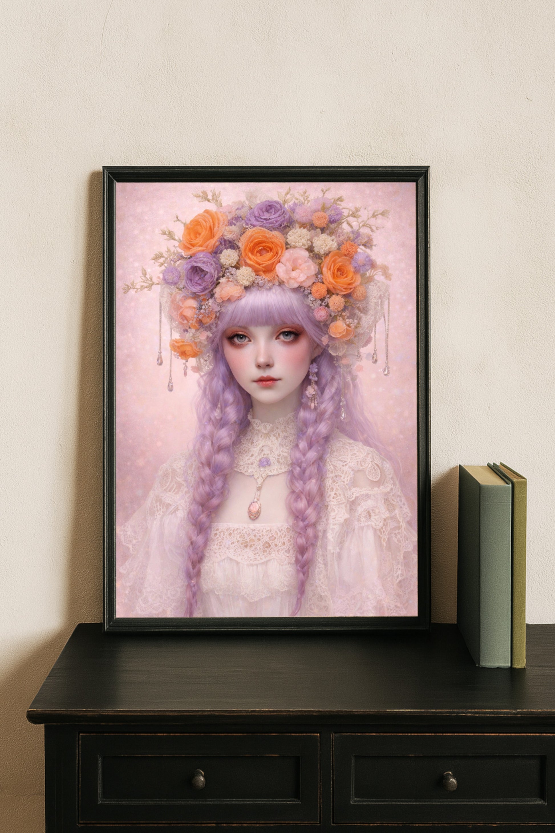 Romantisches Fantasy-Porträt einer jungen Frau mit geflochtenem, lila Haar und üppigem Blumenkranz in sanften Pastellfarben, ruhig, verträumt und märchenhaft.