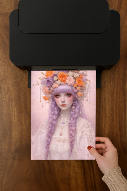 Romantisches Fantasy-Porträt einer jungen Frau mit geflochtenem, lila Haar und üppigem Blumenkranz in sanften Pastellfarben, ruhig, verträumt und märchenhaft.