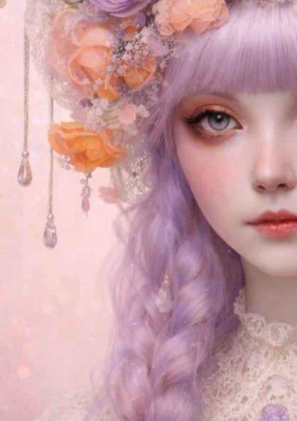 Romantisches Fantasy-Porträt einer jungen Frau mit geflochtenem, lila Haar und üppigem Blumenkranz in sanften Pastellfarben, ruhig, verträumt und märchenhaft.