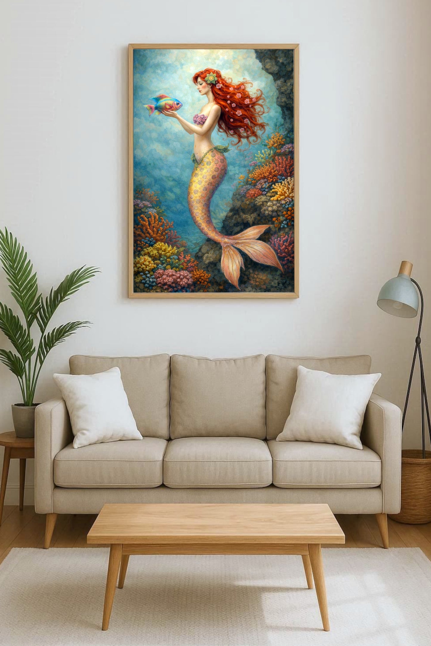 Digitale Meerjungfrau Illustration mit rotem Haar und buntem Fisch, umgeben von Korallen und Unterwasserpflanzen in harmonischen Blau- und Goldtönen.