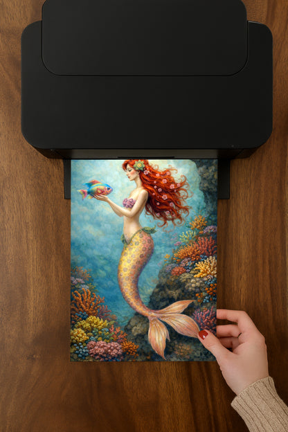 Digitale Meerjungfrau Illustration mit rotem Haar und buntem Fisch, umgeben von Korallen und Unterwasserpflanzen in harmonischen Blau- und Goldtönen.