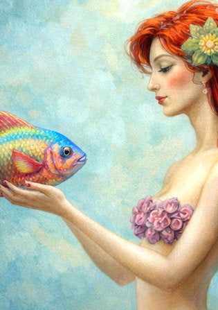 Digitale Meerjungfrau Illustration mit rotem Haar und buntem Fisch, umgeben von Korallen und Unterwasserpflanzen in harmonischen Blau- und Goldtönen.