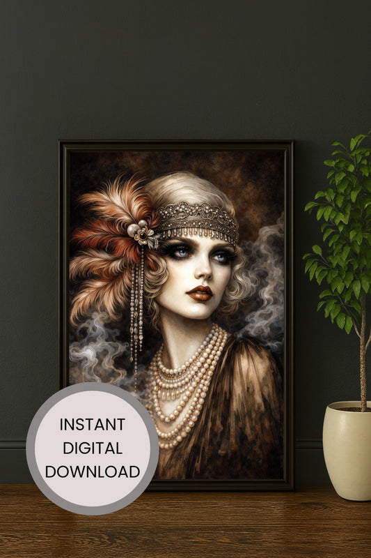 Elegantes Art-Deco-Frauenporträt im Stil der 1920er Jahre mit Perlenketten, Stirnband und rauchiger Vintage-Atmosphäre in warmen Farbtönen.