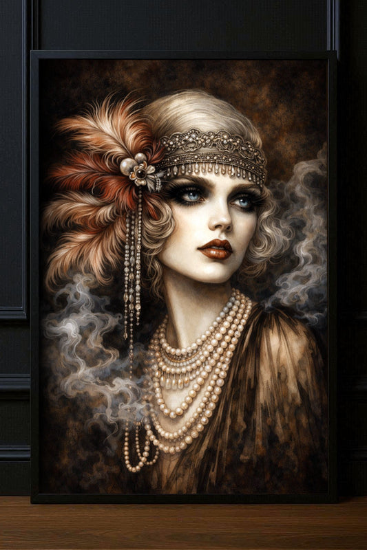 Gedrucktes Art-Deco Poster mit elegantem Frauenporträt im Stil der 1920er Jahre, Perlenkette, Rauch und warmen Sepiatönen auf mattem Papier