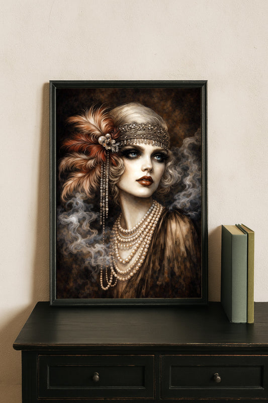 Elegantes Art-Deco-Frauenporträt im Stil der 1920er Jahre mit Perlenketten, Stirnband und rauchiger Vintage-Atmosphäre in warmen Farbtönen.