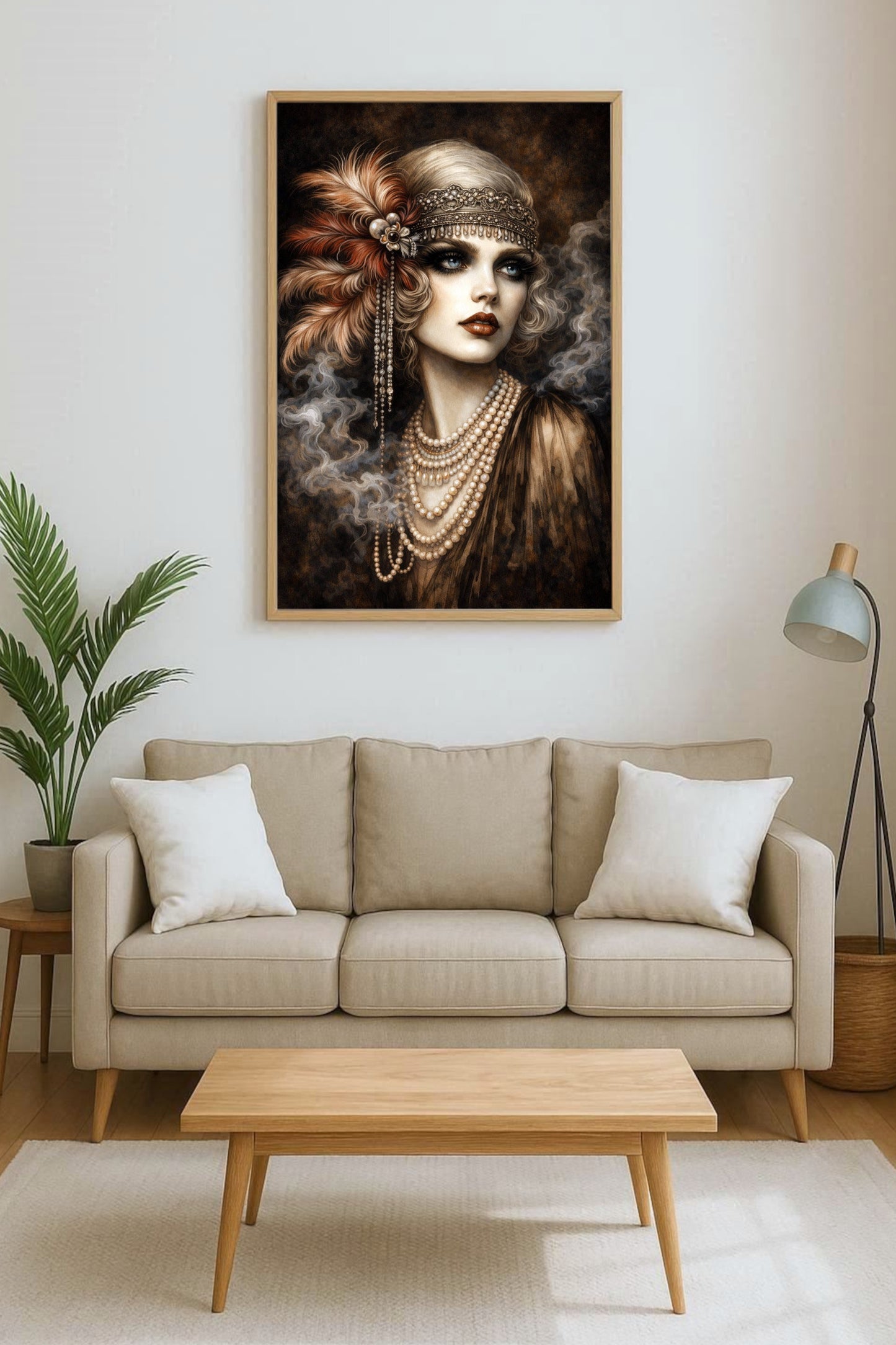 Elegantes Art-Deco-Frauenporträt im Stil der 1920er Jahre mit Perlenketten, Stirnband und rauchiger Vintage-Atmosphäre in warmen Farbtönen.