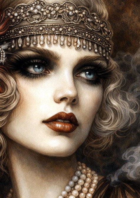 Elegantes Art-Deco-Frauenporträt im Stil der 1920er Jahre mit Perlenketten, Stirnband und rauchiger Vintage-Atmosphäre in warmen Farbtönen.