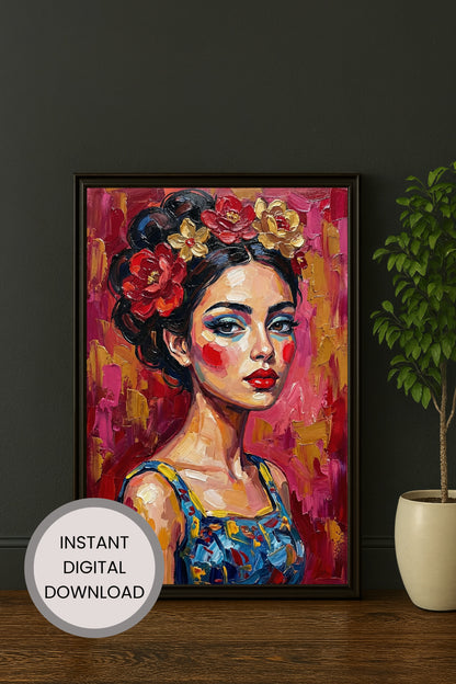 Expressives Frauenporträt im Ölmalerei-Look mit Blumenkranz, roten Akzenten und pink-rotem Hintergrund, moderne Wandkunst als Download.