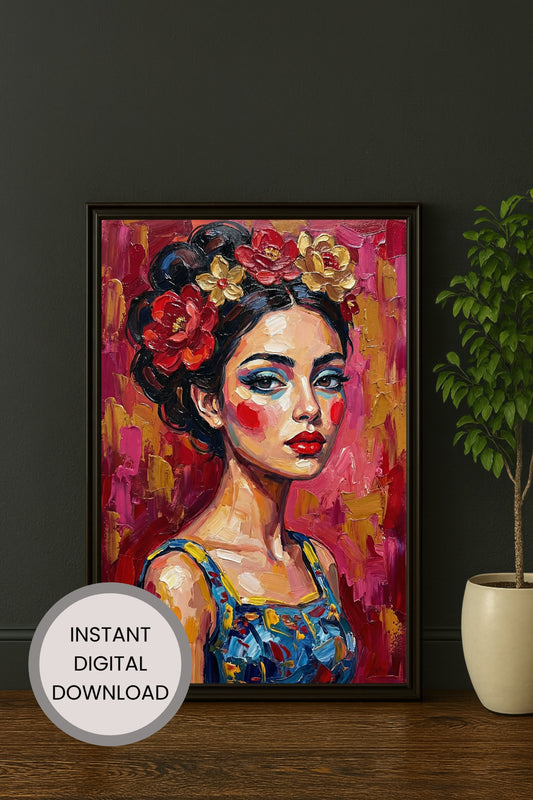 Expressives Frauenporträt im Ölmalerei-Look mit Blumenkranz, roten Akzenten und pink-rotem Hintergrund, moderne Wandkunst als Download.
