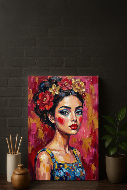 Expressives Frauenporträt im Ölmalerei-Look mit Blumenkranz, roten Akzenten und pink-rotem Hintergrund, moderne Wandkunst als Download.