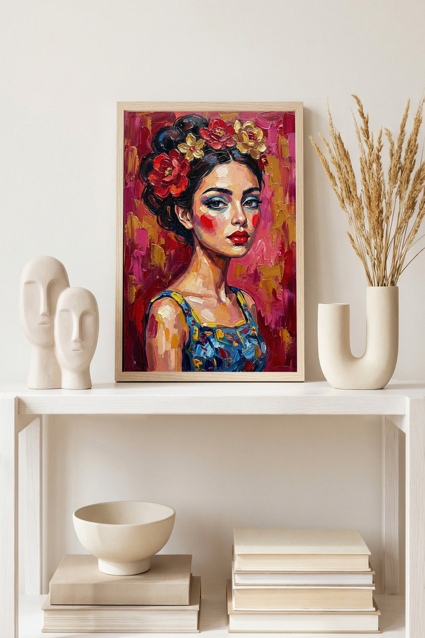 Expressives Frauenporträt im Ölmalerei-Look mit Blumenkranz, roten Akzenten und pink-rotem Hintergrund, moderne Wandkunst als Download.