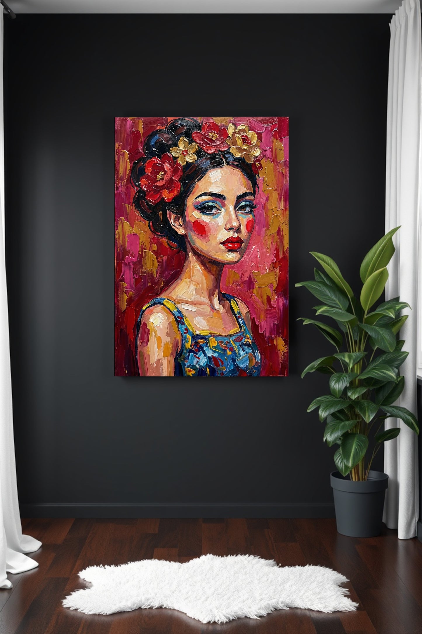 Expressives Frauenporträt im Ölmalerei-Look mit Blumenkranz, roten Akzenten und pink-rotem Hintergrund, moderne Wandkunst als Download.