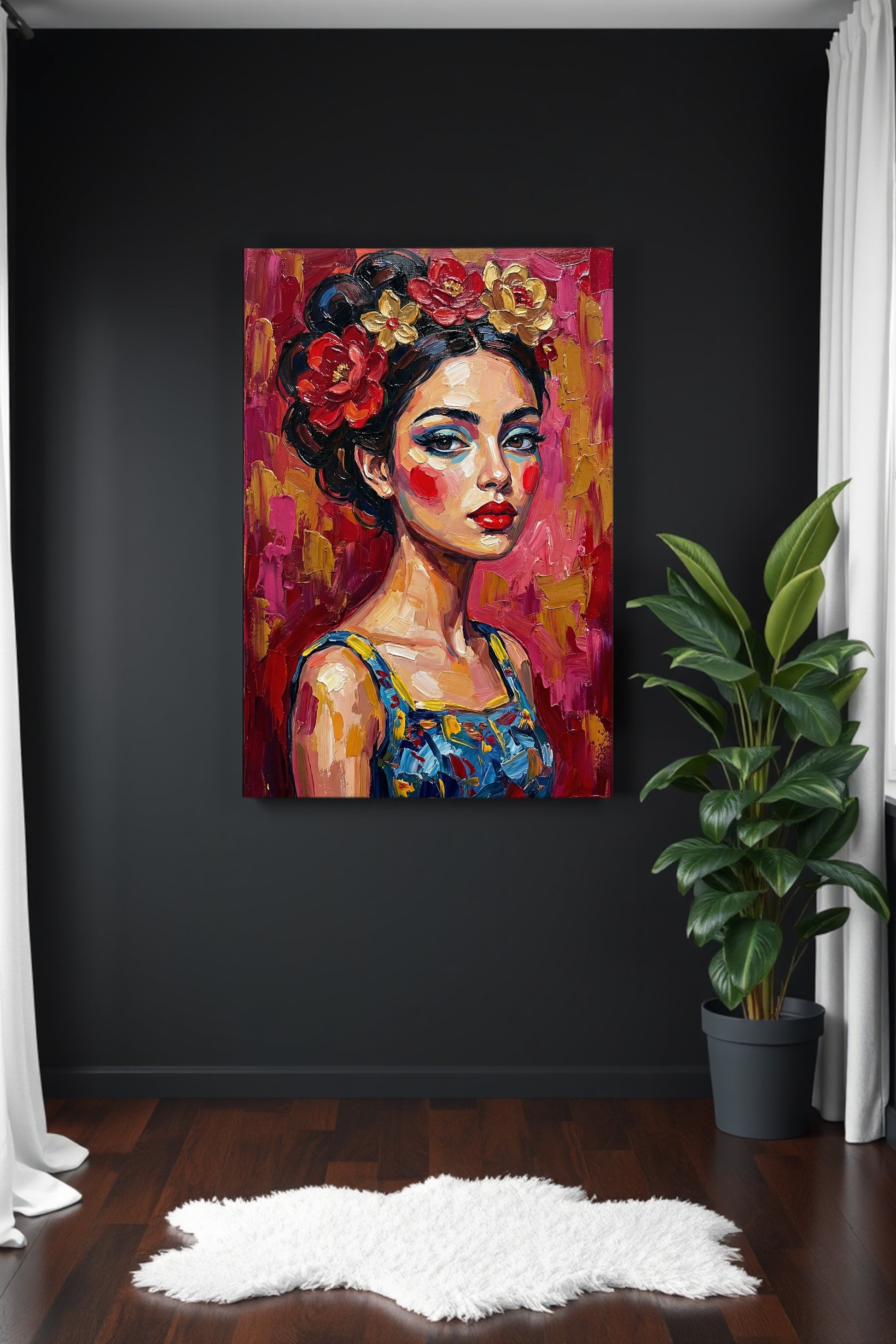 Expressives Frauenporträt im Ölmalerei-Look mit Blumenkranz, roten Akzenten und pink-rotem Hintergrund, moderne Wandkunst als Download.