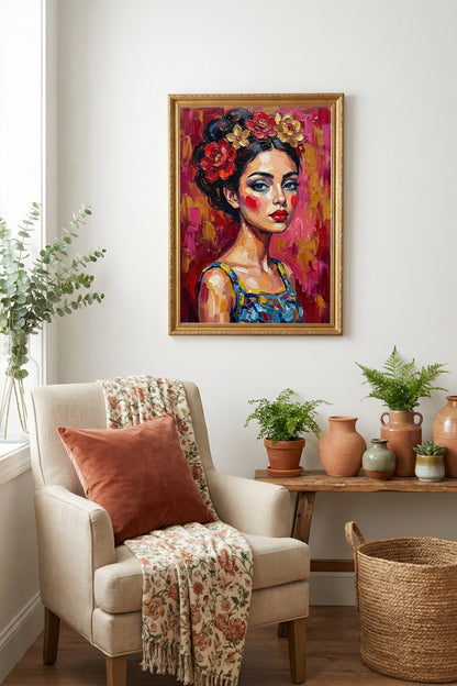 Expressives Frauenporträt im Ölmalerei-Look mit Blumenkranz, roten Akzenten und pink-rotem Hintergrund, moderne Wandkunst als Download.