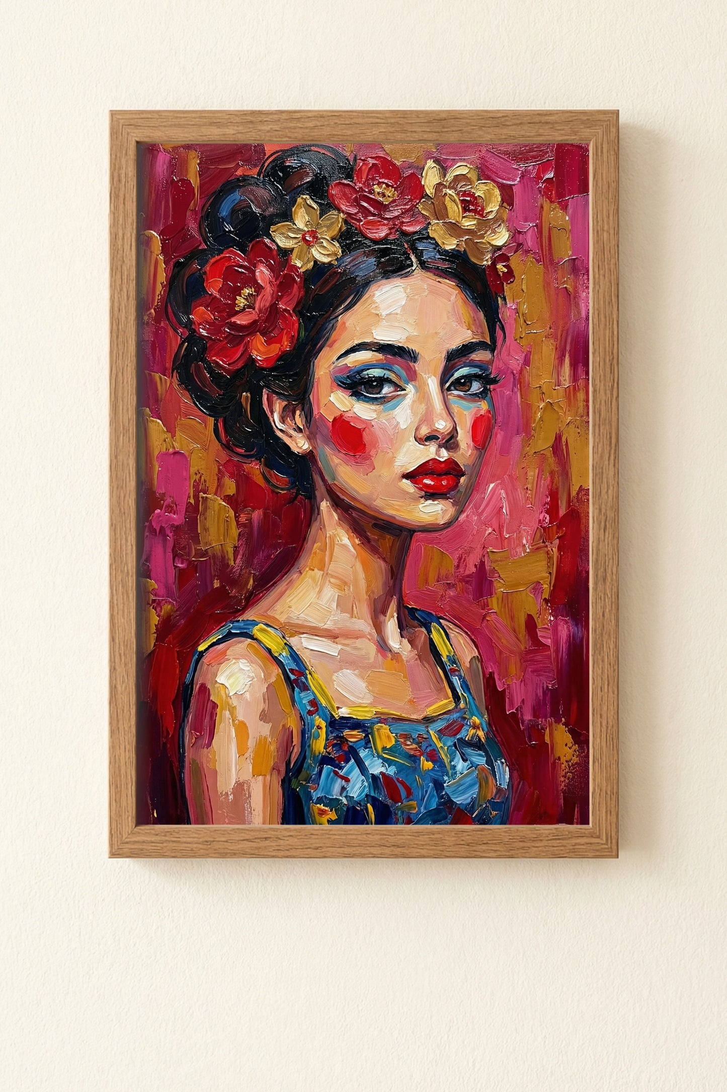 Expressives Frauenporträt im Ölmalerei-Look mit Blumenkranz, roten Akzenten und pink-rotem Hintergrund, moderne Wandkunst als Download.