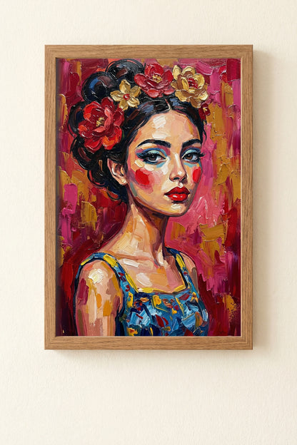 Expressives Frauenporträt im Ölmalerei-Look mit Blumenkranz, roten Akzenten und pink-rotem Hintergrund, moderne Wandkunst als Download.