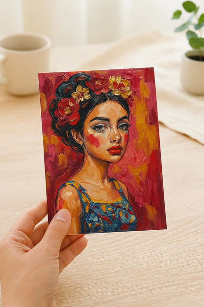 Expressives Frauenporträt im Ölmalerei-Look mit Blumenkranz, roten Akzenten und pink-rotem Hintergrund, moderne Wandkunst als Download.