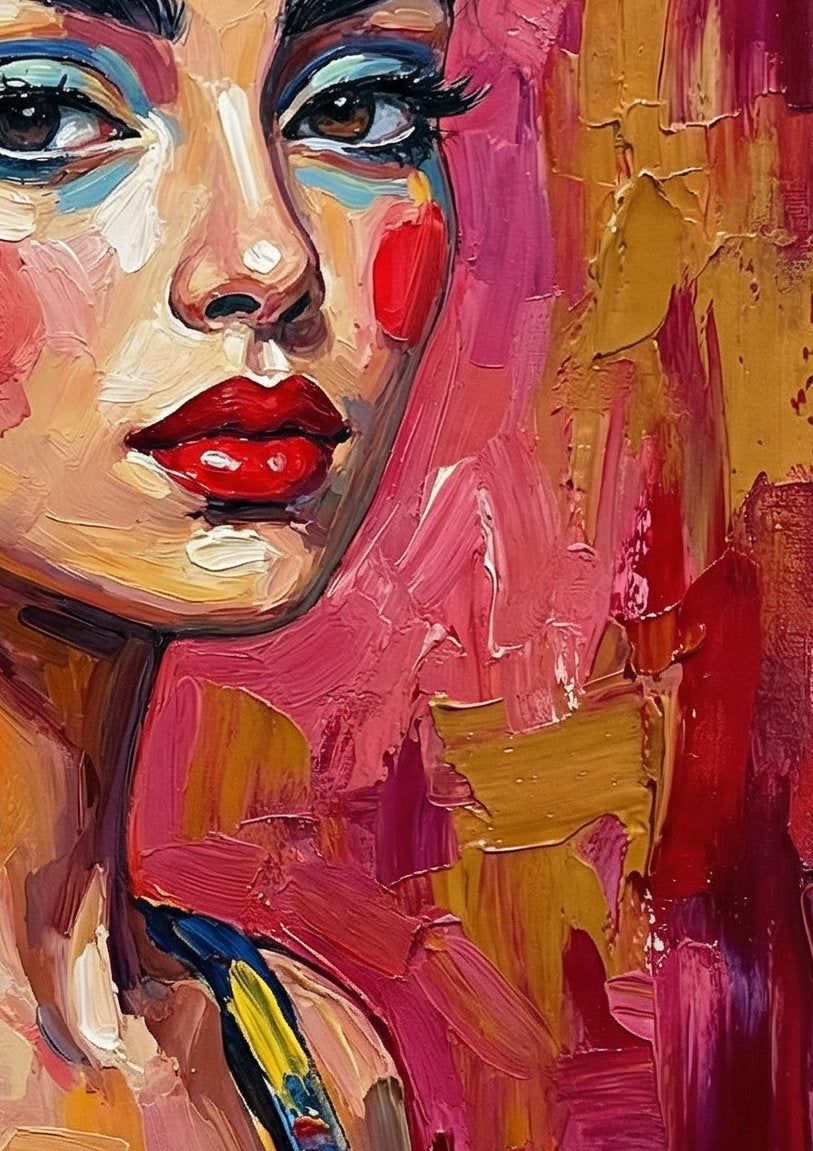 Expressives Frauenporträt im Ölmalerei-Look mit Blumenkranz, roten Akzenten und pink-rotem Hintergrund, moderne Wandkunst als Download.