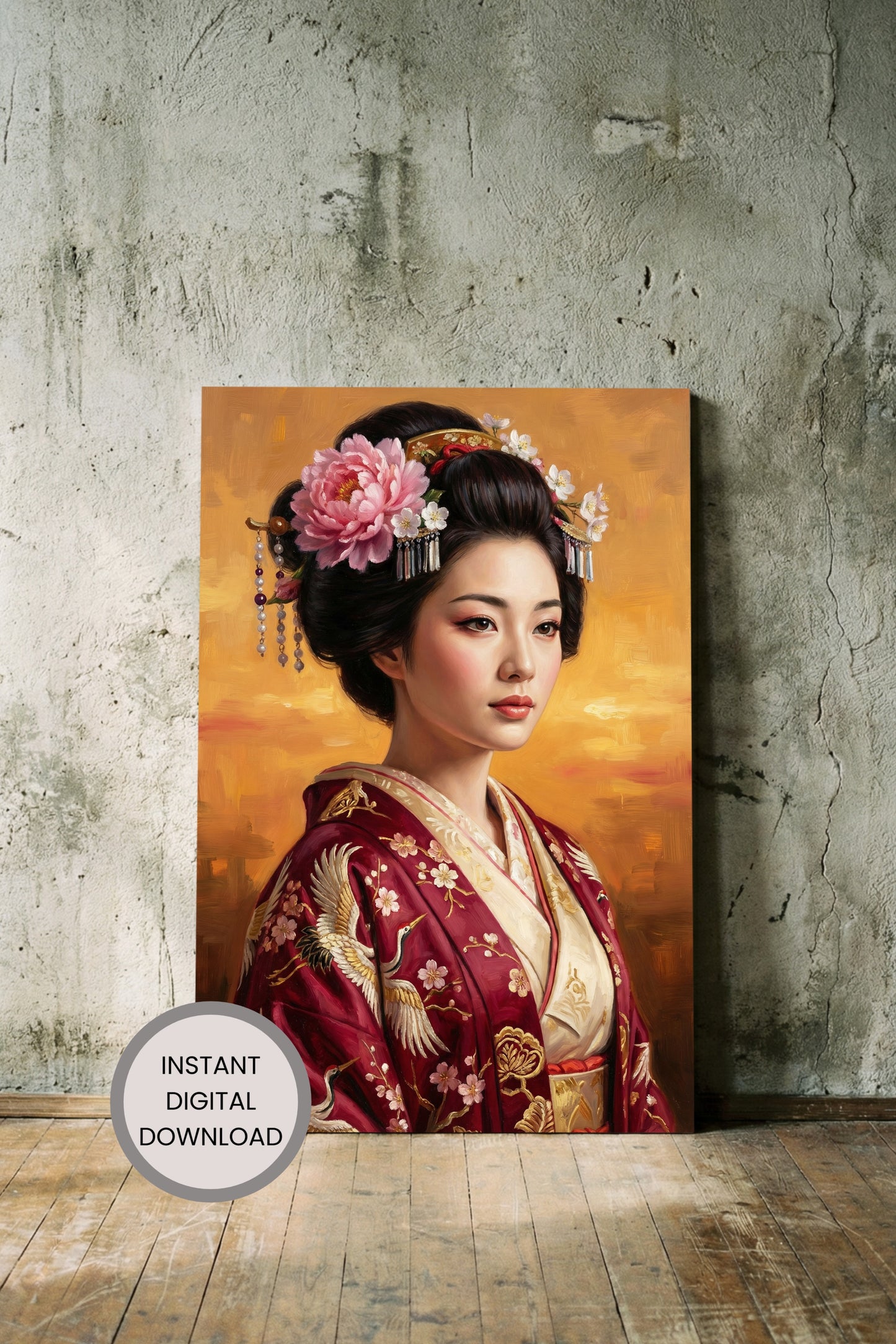 Japanese-inspired geisha portrait in a red kimono with crane embroidery, floral hair ornaments, and a warm golden painterly background.