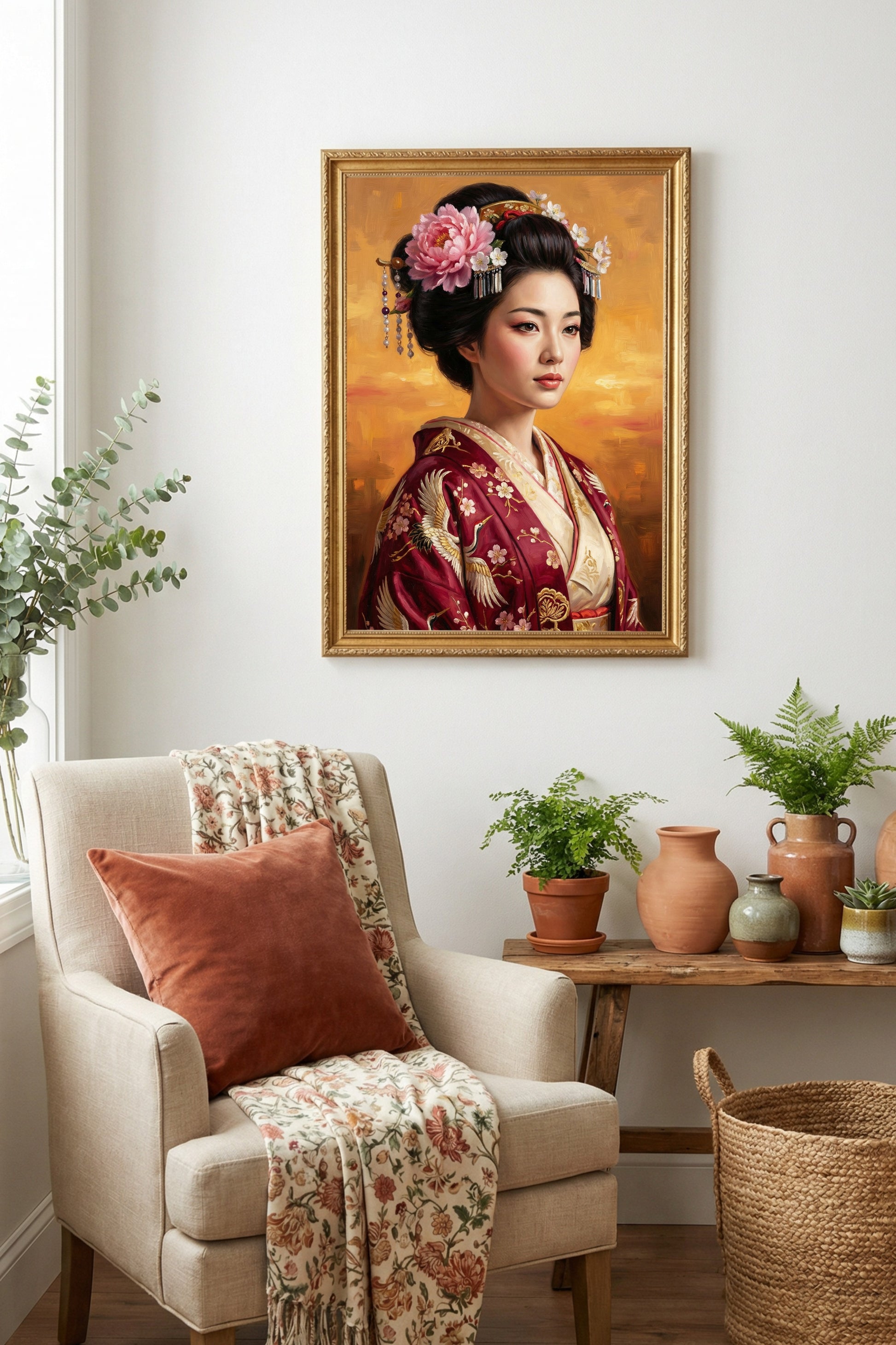 Japanese-inspired geisha portrait in a red kimono with crane embroidery, floral hair ornaments, and a warm golden painterly background.