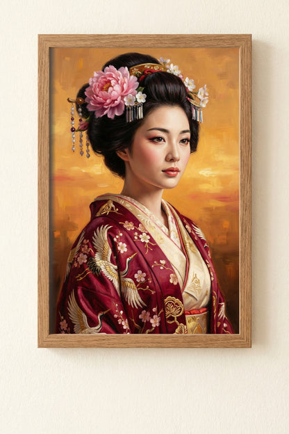 Japanese-inspired geisha portrait in a red kimono with crane embroidery, floral hair ornaments, and a warm golden painterly background.