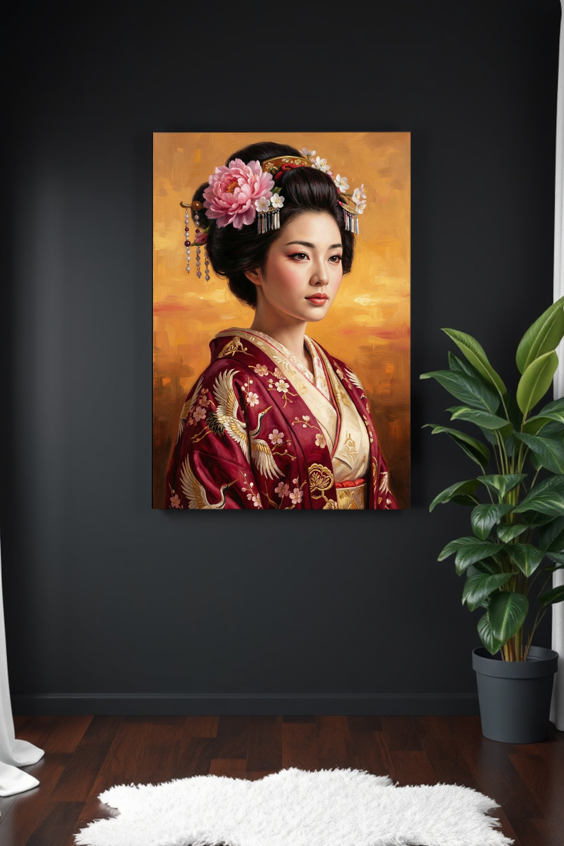 Japanese-inspired geisha portrait in a red kimono with crane embroidery, floral hair ornaments, and a warm golden painterly background.