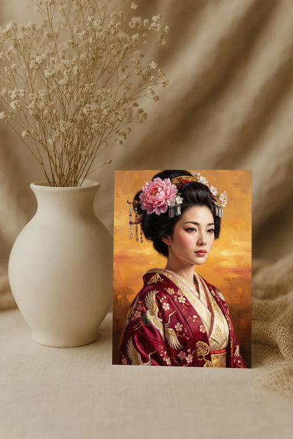 Japanese-inspired geisha portrait in a red kimono with crane embroidery, floral hair ornaments, and a warm golden painterly background.