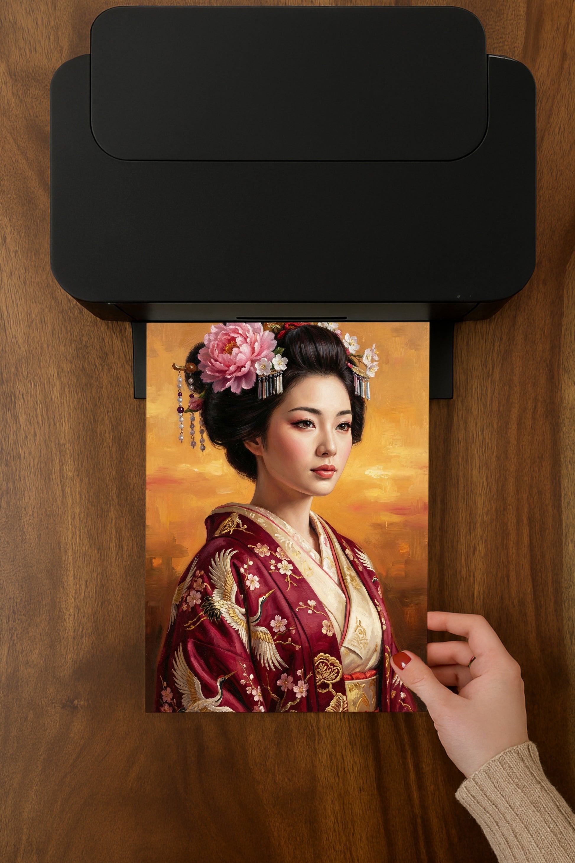 Japanese-inspired geisha portrait in a red kimono with crane embroidery, floral hair ornaments, and a warm golden painterly background.