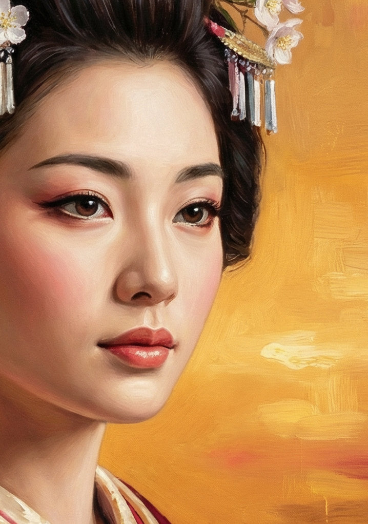Japanese-inspired geisha portrait in a red kimono with crane embroidery, floral hair ornaments, and a warm golden painterly background.