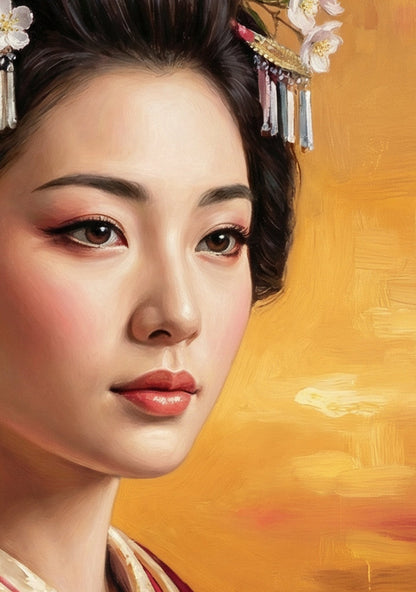 Japanese-inspired geisha portrait in a red kimono with crane embroidery, floral hair ornaments, and a warm golden painterly background.