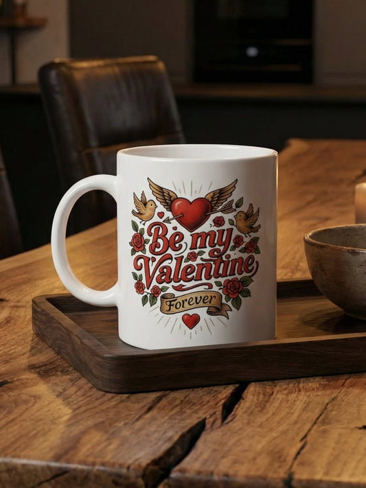Weiße Keramiktasse mit Aufdruck Be my Valentine Forever, Herzmotiv mit Rosen