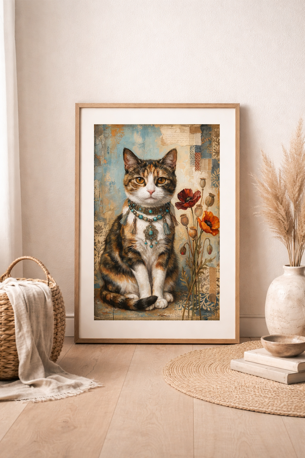 Digitales Kunstdruck-Motiv einer dreifarbigen Glückskatze mit türkisem Boho-Schmuck und roten Mohnblumen vor Vintage-Collage-Hintergrund.