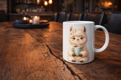 Keramiktasse mit niedlichem Lama, das eine Tasse hält, weiche Pastellfarben, ideal als Geschenk für Kaffee- und Tierliebhaber