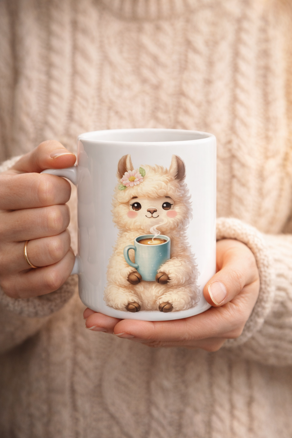 Keramiktasse mit niedlichem Lama, das eine Tasse hält, weiche Pastellfarben, ideal als Geschenk für Kaffee- und Tierliebhaber