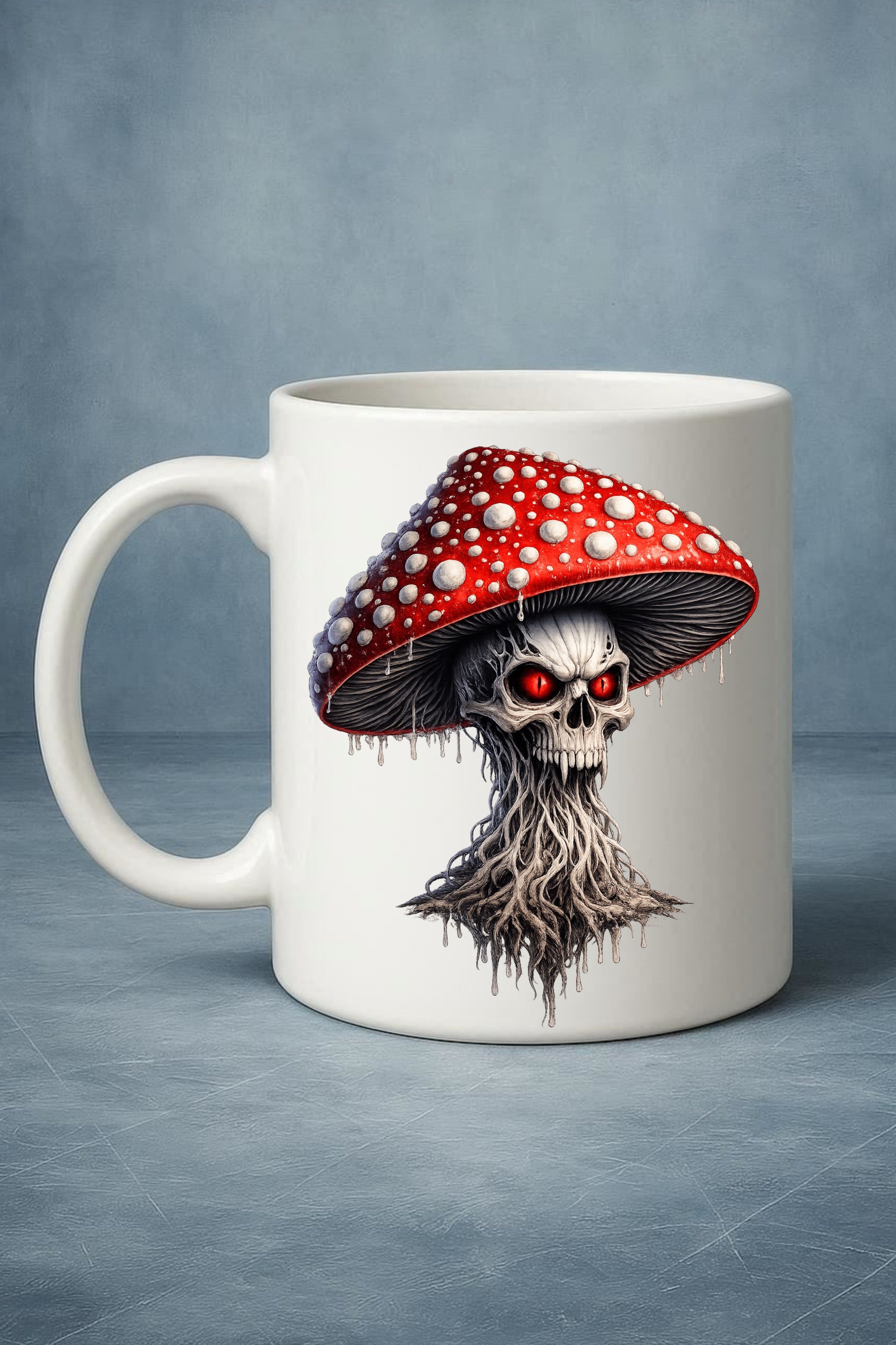 Vorschau eines gotischen Clipart-Sets: rote Pilze mit vielen Augen und Totenkopfdetails, 14 PNG-Dateien mit transparentem Hintergrund.